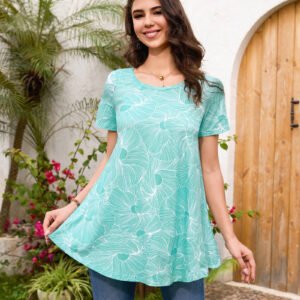 Tunic Tops for Women Plus Size Short Sleeve Crew Neck Swing Flare Loose T-Shirt Blouses to Wear with Leggings