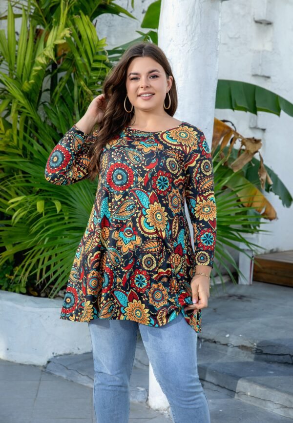 Womens Tunic Tops 3/4 Sleeve Plus Size Crew Neck Swing Flare Loose Fit T-Shirt Blouses to Wear with Leggings