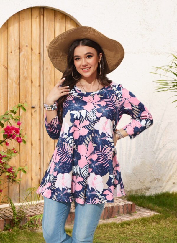 Womens Tunic Tops 3/4 Sleeve Plus Size Crew Neck Swing Flare Loose Fit T-Shirt Blouses to Wear with Leggings - Image 7