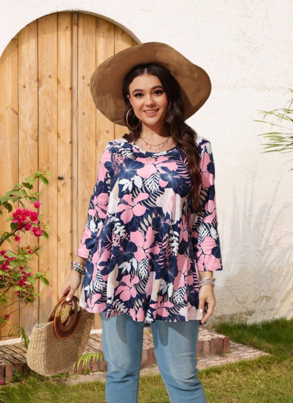 Womens Tunic Tops 3/4 Sleeve Plus Size Crew Neck Swing Flare Loose Fit T-Shirt Blouses to Wear with Leggings - Image 5