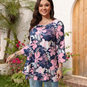 Womens Tunic Tops 3/4 Sleeve Plus Size Crew Neck Swing Flare Loose Fit T-Shirt Blouses to Wear with Leggings