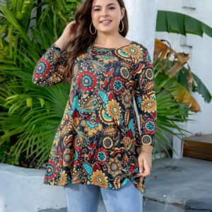 Womens Tunic Tops 3/4 Sleeve Plus Size Crew Neck Swing Flare Loose Fit T-Shirt Blouses to Wear with Leggings