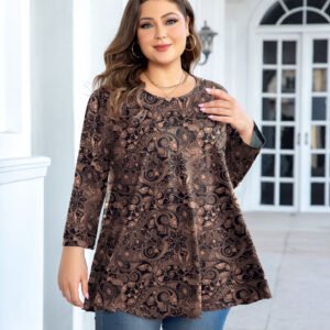 Tunic Tops for Women Plus Size 3/4 Sleeve Crew Neck Swing Flare Loose T-Shirt Blouses to Wear with Leggings