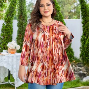 Tunic Tops for Women Plus Size 3/4 Sleeve Crew Neck Swing Flare Loose T-Shirt Blouses to Wear with Leggings