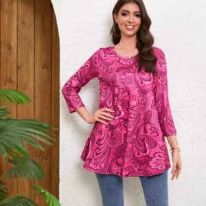Tunic Tops for Women Plus Size 3/4 Sleeve Crew Neck Swing Flare Loose T-Shirt Blouses to Wear with Leggings