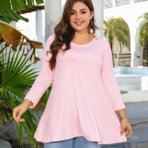 Womens Tunic Tops 3/4 Sleeve Plus Size Crew Neck Swing Flare Loose Fit T-Shirt Blouses to Wear with Leggings