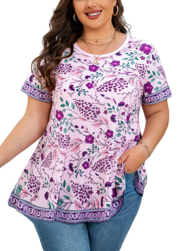 Tunic Tops for Women Plus Size Short Sleeve Crew Neck Swing Flare Loose T-Shirt Blouses to Wear with Leggings - Image 3
