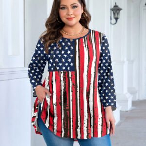 Tunic Tops for Women Plus Size 3/4 Sleeve Crew Neck Swing Flare Loose T-Shirt Blouses to Wear with Leggings