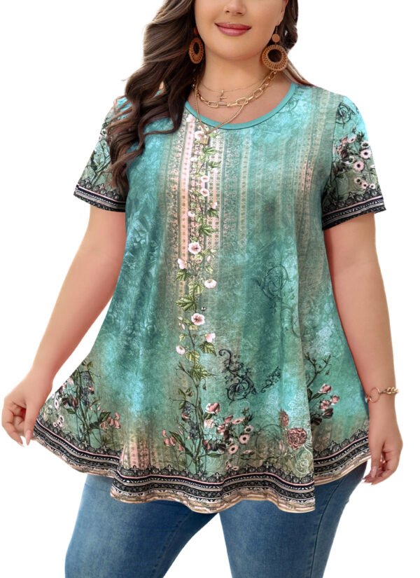 Tunic Tops for Women Plus Size Short Sleeve Crew Neck Swing Flare Loose T-Shirt Blouses to Wear with Leggings - Image 9