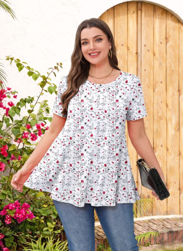 Tunic Tops for Women Plus Size Short Sleeve Crew Neck Swing Flare Loose T-Shirt Blouses to Wear with Leggings - Image 3