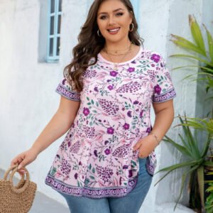 Tunic Tops for Women Plus Size Short Sleeve Crew Neck Swing Flare Loose T-Shirt Blouses to Wear with Leggings