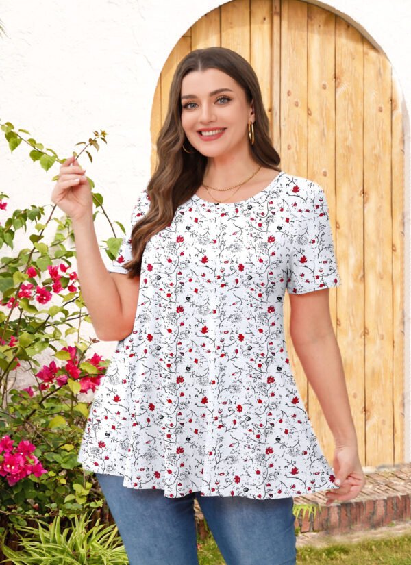 Tunic Tops for Women Plus Size Short Sleeve Crew Neck Swing Flare Loose T-Shirt Blouses to Wear with Leggings - Image 2