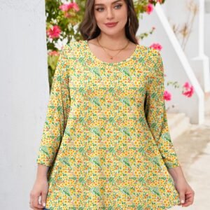 Tunic Tops for Women Plus Size 3/4 Sleeve Crew Neck Swing Flare Loose T-Shirt Blouses to Wear with Leggings