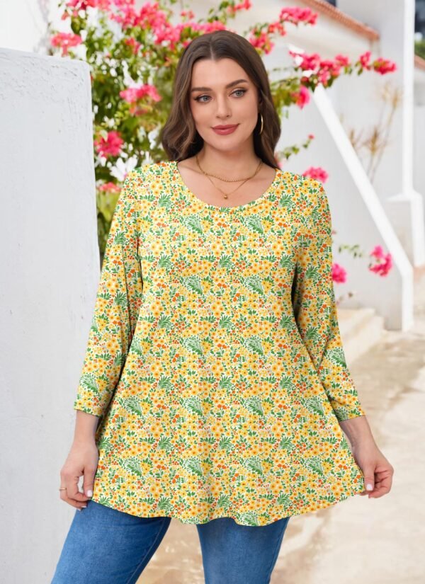 Tunic Tops for Women Plus Size 3/4 Sleeve Crew Neck Swing Flare Loose T-Shirt Blouses to Wear with Leggings