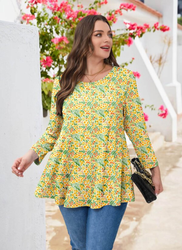Tunic Tops for Women Plus Size 3/4 Sleeve Crew Neck Swing Flare Loose T-Shirt Blouses to Wear with Leggings - Image 2