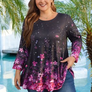 Tunic Tops for Women Plus Size 3/4 Sleeve Crew Neck Swing Flare Loose T-Shirt Blouses to Wear with Leggings