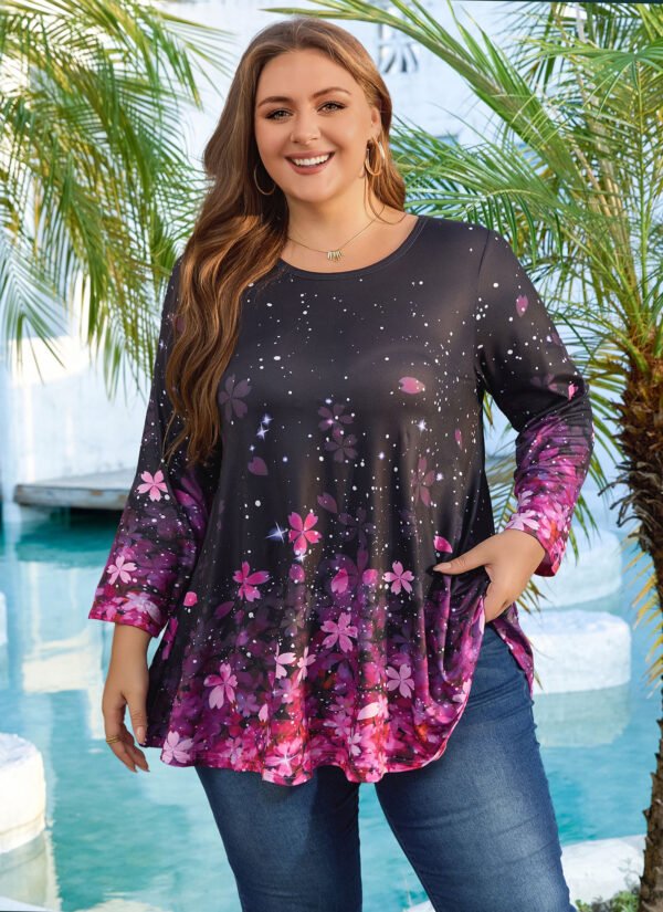 Tunic Tops for Women Plus Size 3/4 Sleeve Crew Neck Swing Flare Loose T-Shirt Blouses to Wear with Leggings