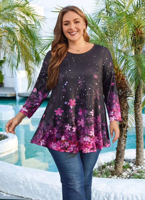 Tunic Tops for Women Plus Size 3/4 Sleeve Crew Neck Swing Flare Loose T-Shirt Blouses to Wear with Leggings - Image 2